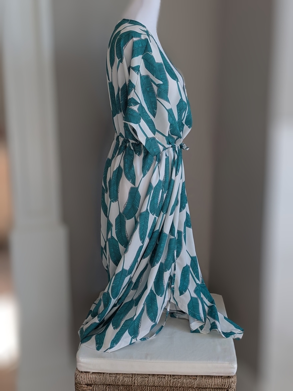 Green Leaf Print Swim Coverup with Drawstring Waist-20W - Picture 5 of 9